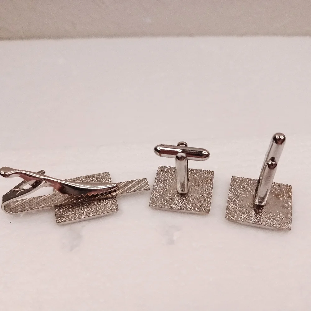 Tie Clip Bar, Cufflinks, Silver Black Vintage Space Age Graphics Classic Atomic